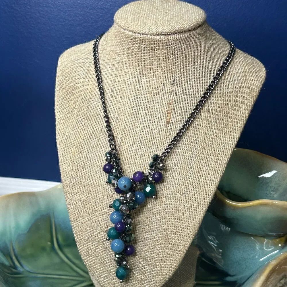 Kenneth Cole Green, Purple, & Gray Crystal Necklace w/ Gunmetal Gray Chain